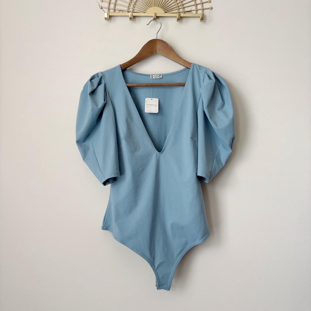 Free People Sky Blue Puff Sleeve Bodysuit Medium NEW NWT